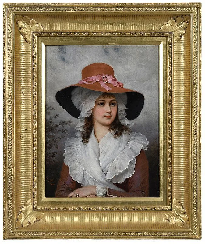 Alexander Mark Rossi, In the Autumn Time, portrait of a beauty in a coral colored hat signed lower left "Rossi, oil on panel