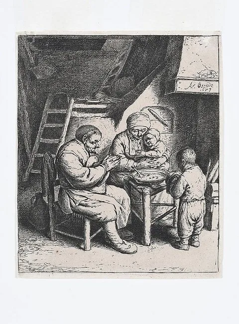 Saying Grace (B., H., G., 34) by Adriaen van Ostade, 1653, etching on laid paper, sold Feb 2021