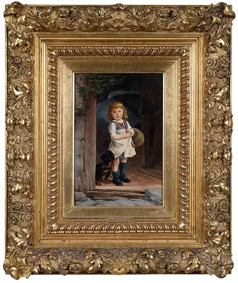 Hans Hösch, Taking Cover, boy with dog, oil on panel