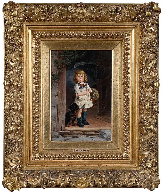 Hans Hösch, Taking Cover, boy with dog, oil on panel