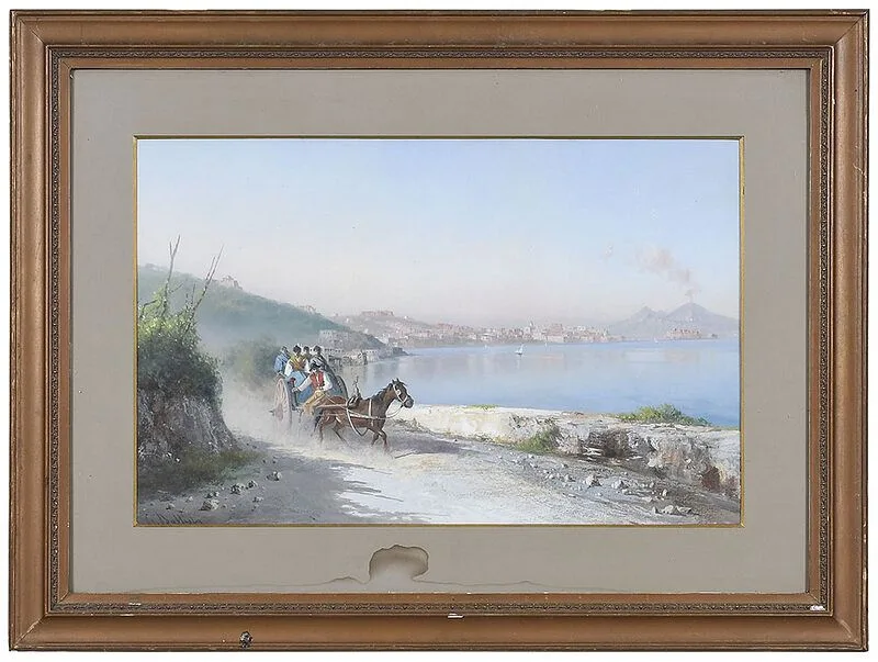 Travelers in a Wagon on the Bay of Naples by Giovanni Battista, gouache on card, sold Feb 2021