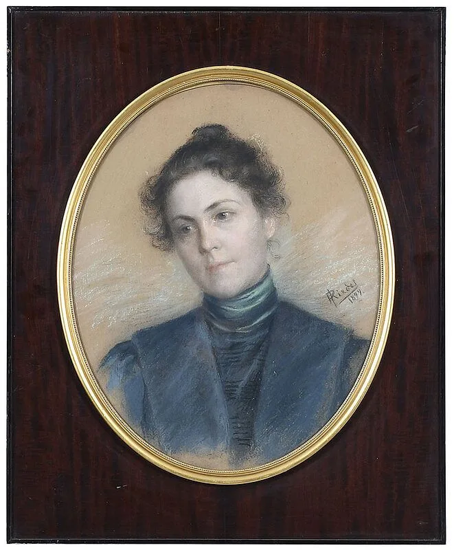 P. Riedel, Portrait of a Woman in Blue Dress, pastel on paper