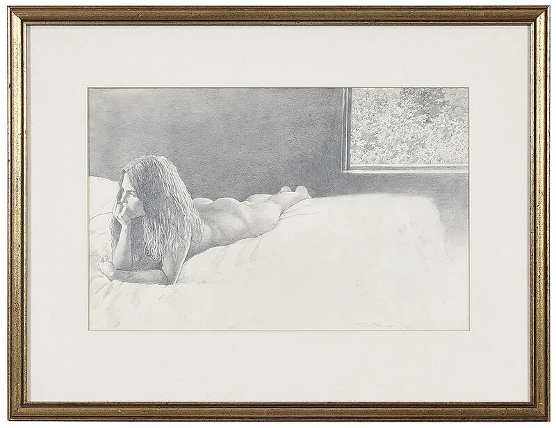 Tim O'Kane, Nude on a Bed, graphite on cream paper