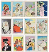 Paul Jacoulet, 12 prints attached to Christmas/New Year's/occasion cards, all with artist's signature and seal