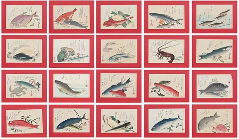 Utagawa Hiroshige, twenty prints from an untitled series of large fish, most signed "Hiroshige ga/hitsu" with Ichiryusai seal, one with Yamasho publisher's seal, one with Eijudo publisher's seal, each with an associated poem in Japanese calligraphic script, woodblock prints on paper