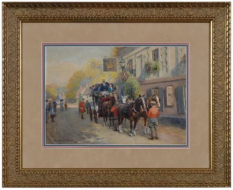 Charles Edwin Flower, Travelers on a Coach by a Tavern, watercolor