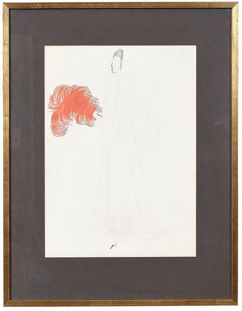 Benito, Triomphe, Parisienne with a Red Feather Fan, ink and watercolor on paper