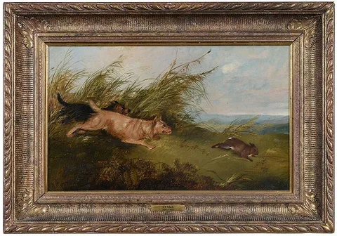 Terriers Chasing a Rabbit by Samuel Joseph Clark, oil on canvas, sold Jan 2021