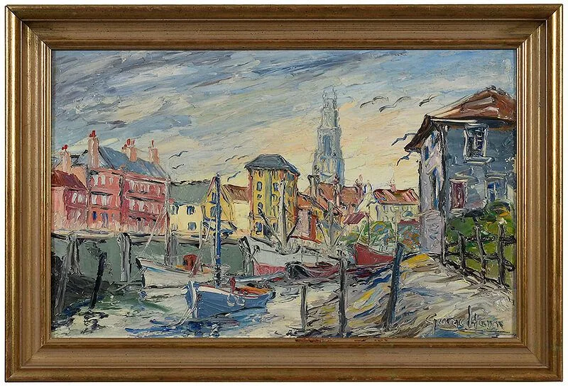 George Hann, Cathedral Spire in a Port City, oil on Masonite