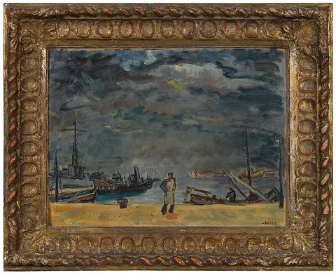 Adolfo Levier, Figure on a Quay, oil on paperboard