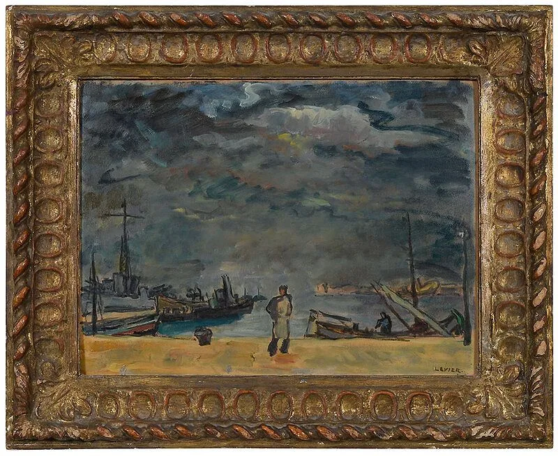 Adolfo Levier, Figure on a Quay, oil on paperboard