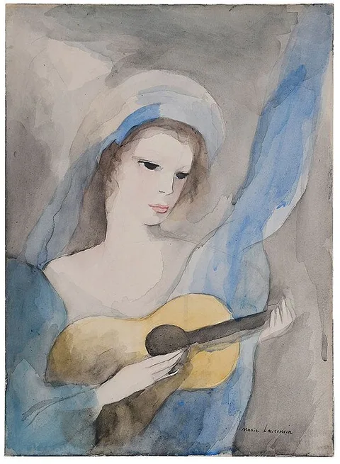 Jeune Fille Jouant du Luth (Woman Playing a Lute) by Marie Laurencin, watercolor on paper, sold Dec 2020