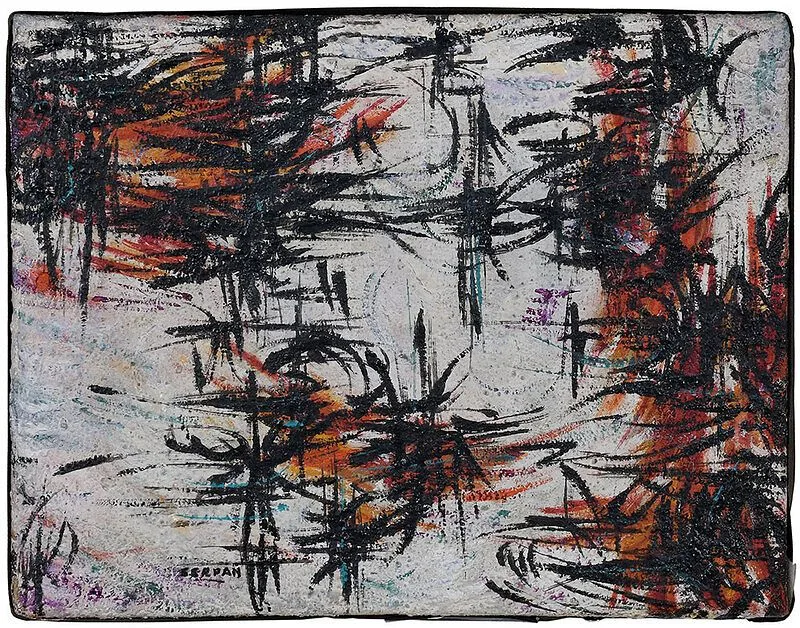 Pennz by Jaroslav Serpan, 1953, mixed media on canvas, sold Dec 2020