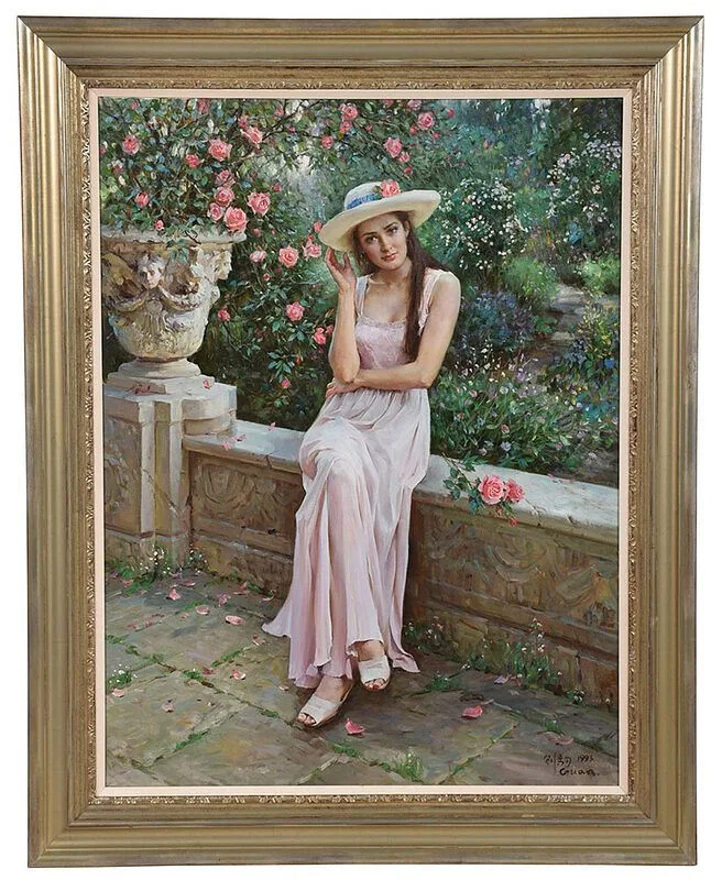 Portrait of a Young Woman in a Garden by Guan Ze Ju, 1993, oil on canvas, sold Dec 2020