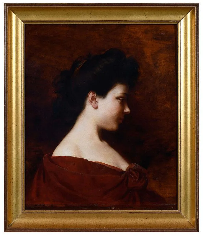 Louis Hierle, Profile Portrait of a Beauty in Red, oil on panel