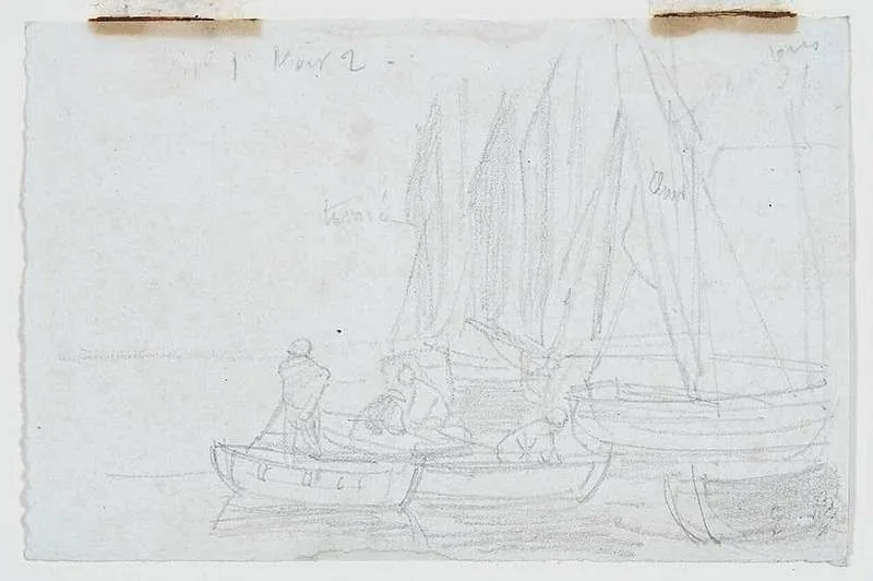 EugŠne Boudin, Fishing Boats, pencil on laid paper