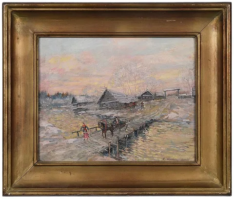 Konstantin Korovin, Winter Village Scene, oil on paperboard