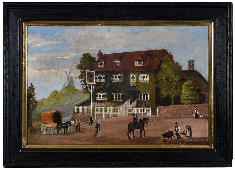 View Outside a Tavern by George Brette, oil on canvas, sold Dec 2020