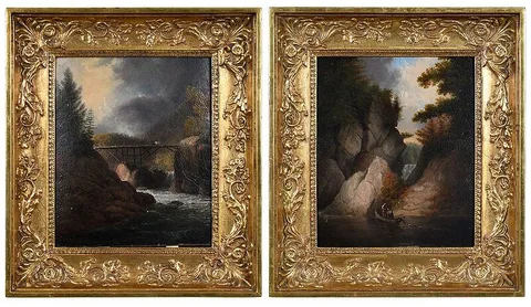 Thomas Doughty, A Pair of Landscapes: Crossing the Bridge and Fishing, both apparently, oil on board
