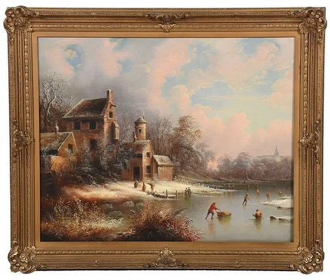Edmund Coates, Skaters on a Frozen River, oil on canvas