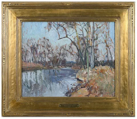 March on the River by Walter Emerson Baum, 1920, oil on board, sold Dec 2020