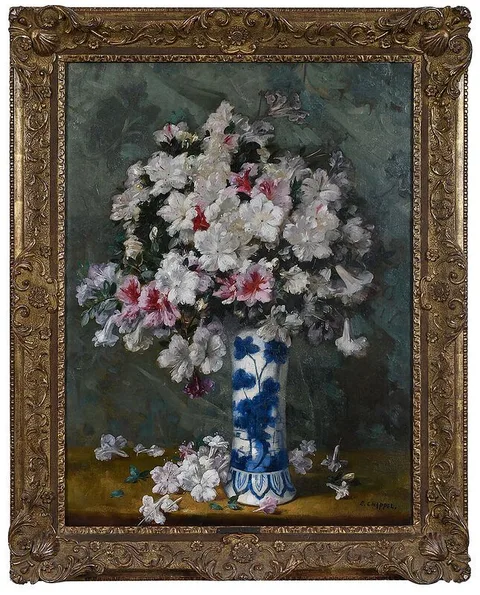 Edouard Chappel, Azaleas in a Chinese Beaker Vase, oil on canvas