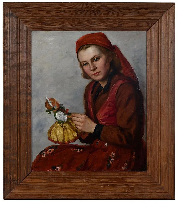 L. Rezes Molnar, Portrait of a Young Woman with a Doll, oil on canvas