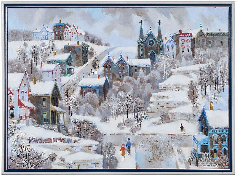 Village Scene in Winter by John Richardson, oil on canvas, sold Nov 2020