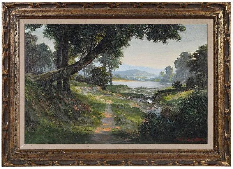 Walter McDonald, Forest Scene with Lake, oil on canvas