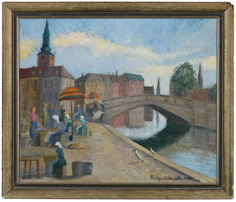 Caf‚ along the Canal by Hildegarde Hume Hamilton, 1968, oil on canvas, sold Nov 2020