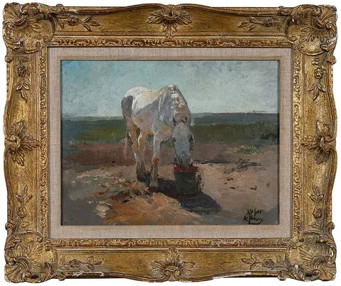 Anton Mauve, A White Horse Feeding, oil on canvas