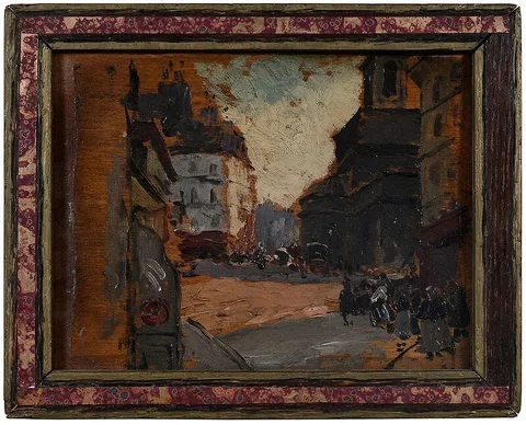 Paul Guigou, A Crowded Montmartre Street, Sacre Coeur, recto, Paris Intersection, verso, oil on panel
