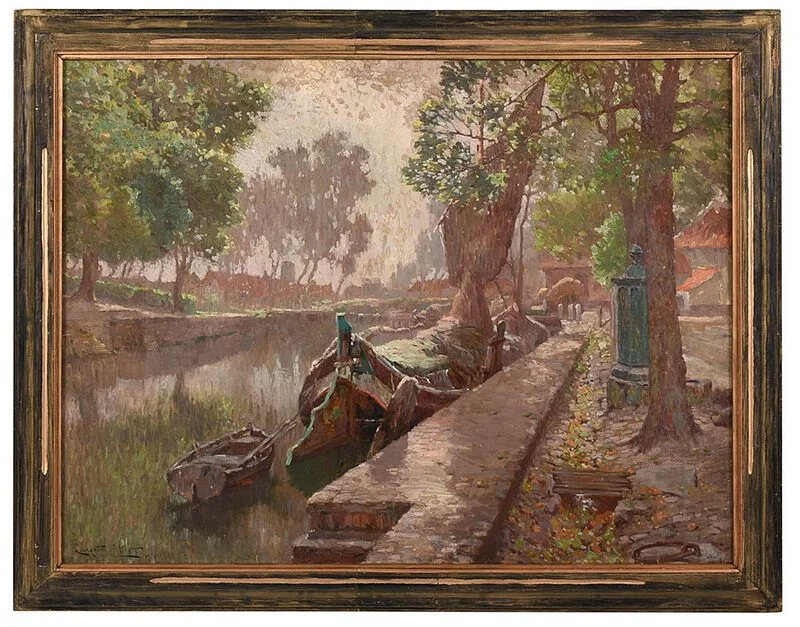 Along the Canal by Livingston Platt, oil on canvas, sold Nov 2020