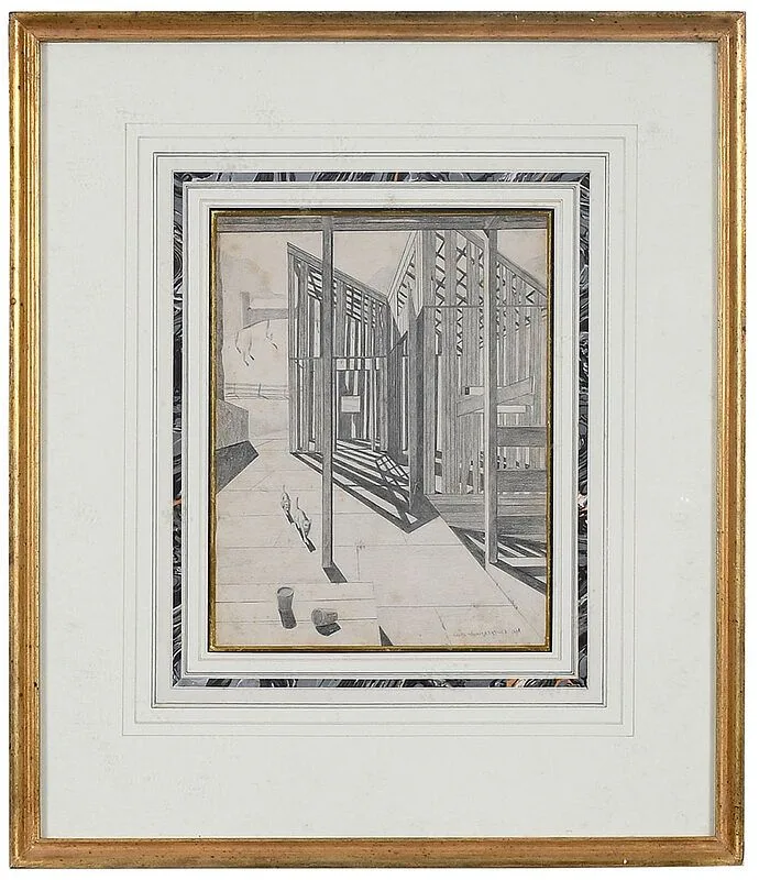 Hans Wiengaertner, Surrealist Composition with Structure and Cats, 1960, pencil on paper