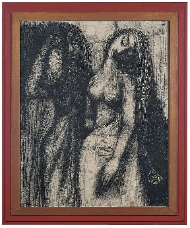 M.Rusk Modern Drawing, Two Nudes, charcoal on paper