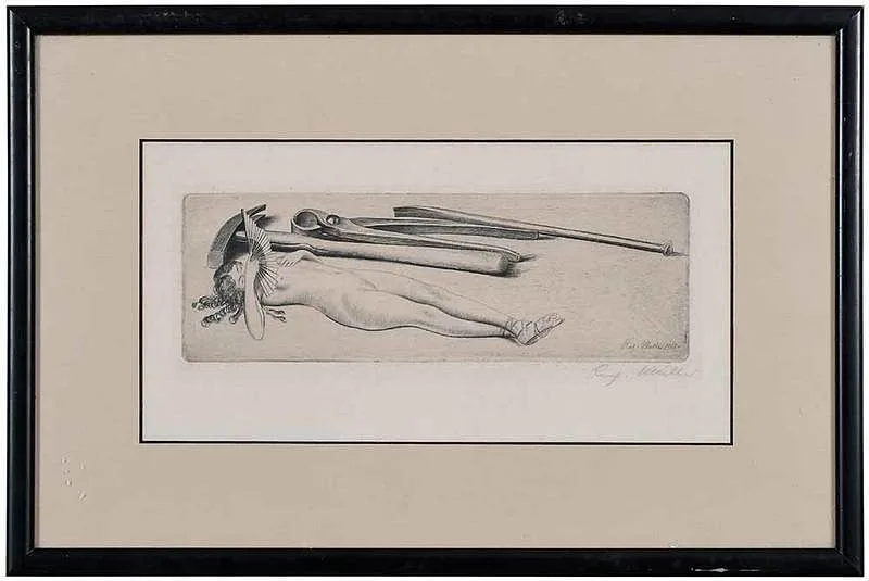 Richard Mller, Nude with Fan and Tools, etching