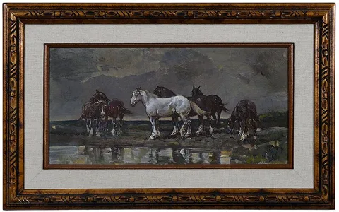 Leslie Cope, Horses Watering, 1972, oil on slate