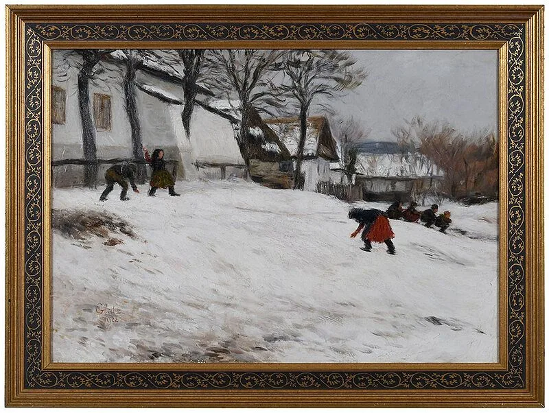 Oszk r Glatz, Children Playing in the Snow, oil on canvas
