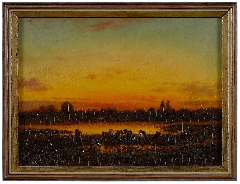 Jules Dupr‚, ÿCows Watering at Sunset, oil on panel