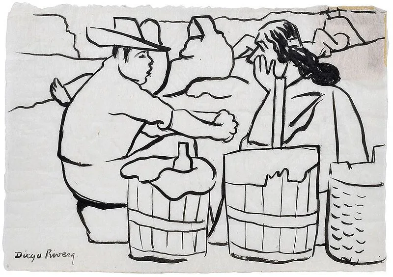 Afternoon Rest by Diego Rivera, ink on Japon nacre paper, sold Oct 2020