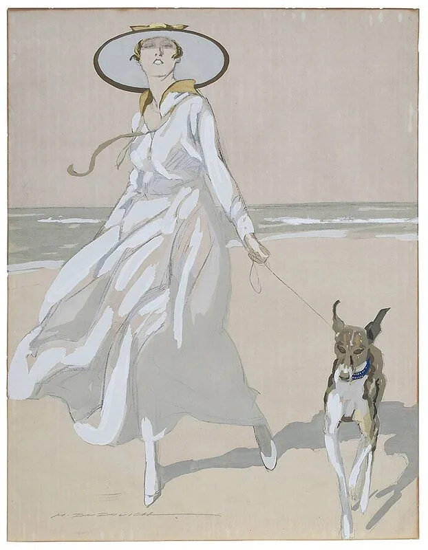 Marcello Dudovich, Woman Walking Her Dog on a Beach, gouache over pencil