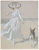 Marcello Dudovich, Woman Walking Her Dog on a Beach