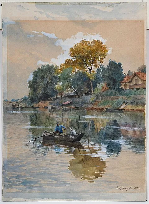 Daniel Ridgeway Knight, On the River, watercolor on buff paper