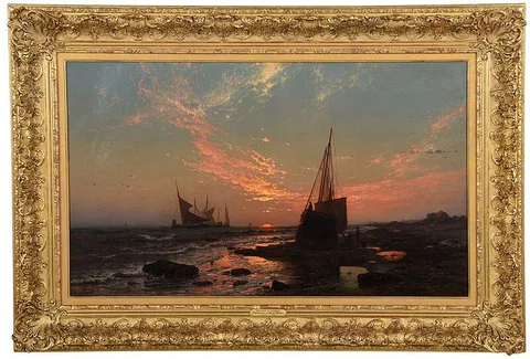 Mauritz de Haas, Sailing at Sunset, oil on canvas