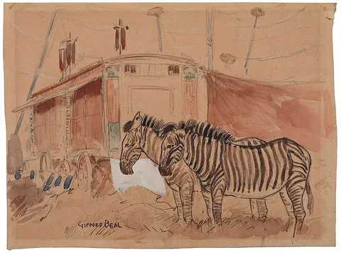 Circus Animals - Zebras by Gifford Beal, watercolor, offered Oct 2020