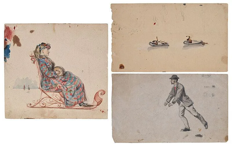 Conrad Wise Chapman, Fifteen pages of preliminary studies forÿA Skating Scene, Paris, 1869, others pencil on sketchbook paper sheets