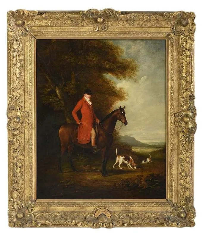 William Henry Davis, Master of the Hunt with two Hounds, said to be the Earl of Hyndford, 1814, oil on canvas