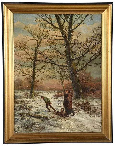 Traveling On a Winter's Path by Barend Hendrik Koekkoek, oil on canvas, sold Aug 2020