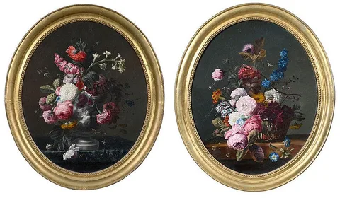 Jan van Huysum, A pair of floral still lifes, one bearing signature lower left on ledge "..Van Hu..um/1726", the other with undecipherable inscription "Hu..", probably French, late 19th/early 20th century after two works held by the Louvre, Paris, oil on canvas