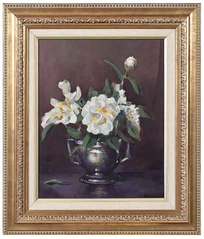 William Steene, Vase of Camellias, oil on Masonite